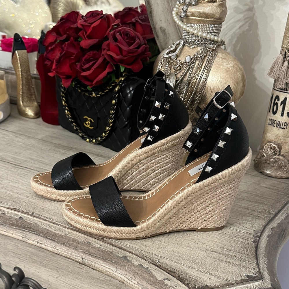 STEVEN Black Studded Espadrille Wedge Sandals - Women